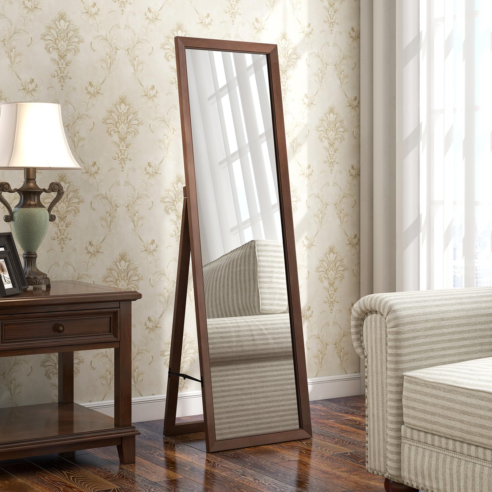 Tangkula Full Length Mirror with Stand, Solid Wood Frame Floor Mirror, Free Standing Full Body Mirror