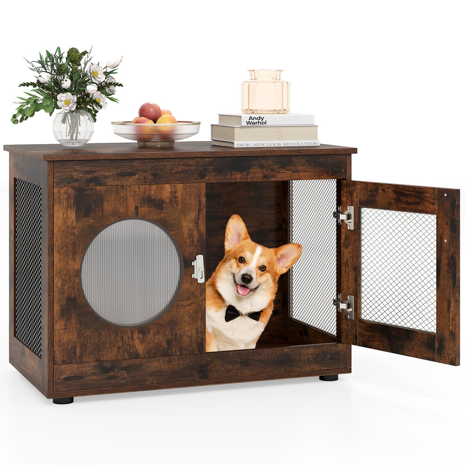 Tangkula Dog Cage Furniture with Metal Mesh Side Wall