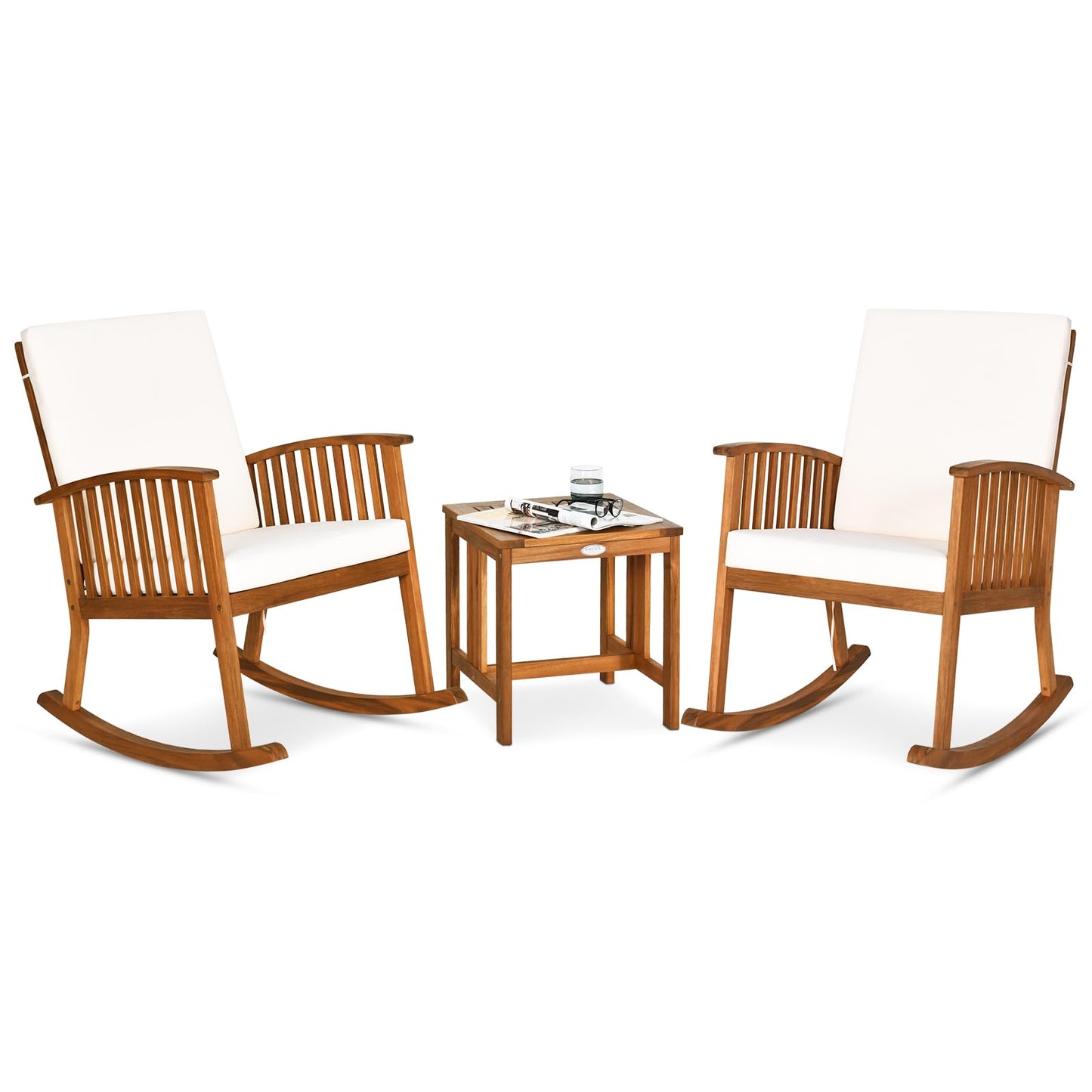 Tangkula 3 Pieces Acacia Wood Rocking Bistro Set Coffee Table and Cushions