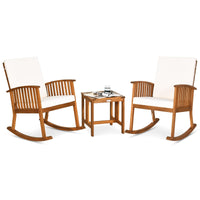 Tangkula 3 Pieces Acacia Wood Rocking Bistro Set Coffee Table and Cushions
