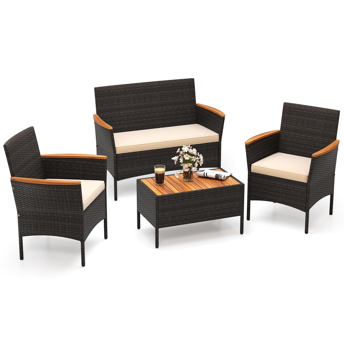 Tangkula Patio Wicker Sofa Set w/Coffee Table