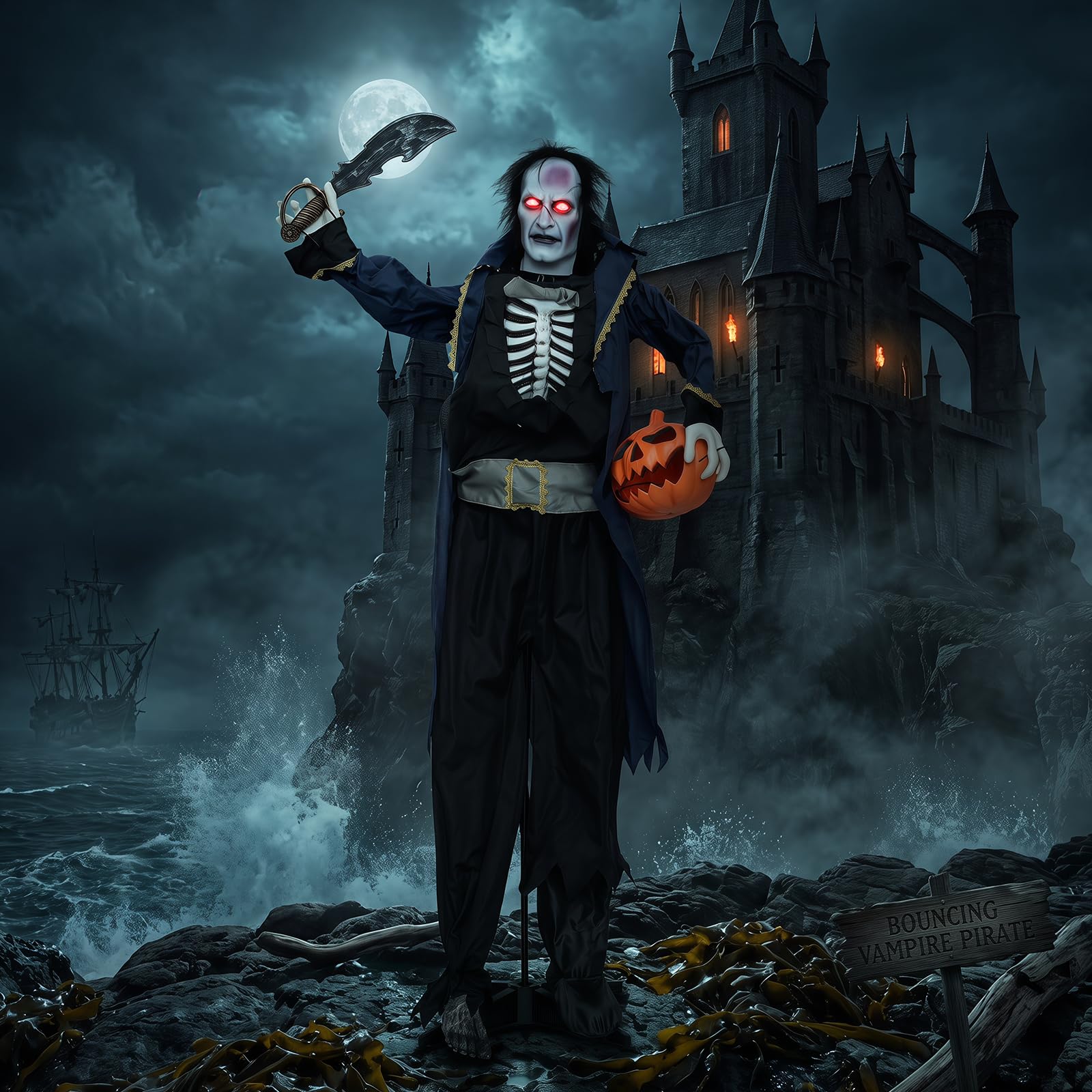 Tangkula 6 FT Animated Halloween Vampire Pirate Decoration with Pop-up Head