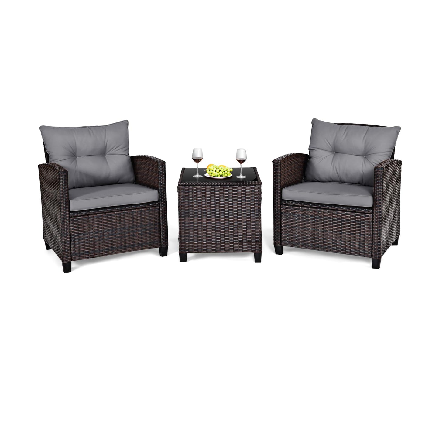 Tangkula 3 Pieces Patio PE Wicker Furniture Set with 4 Bonus Cushion Covers