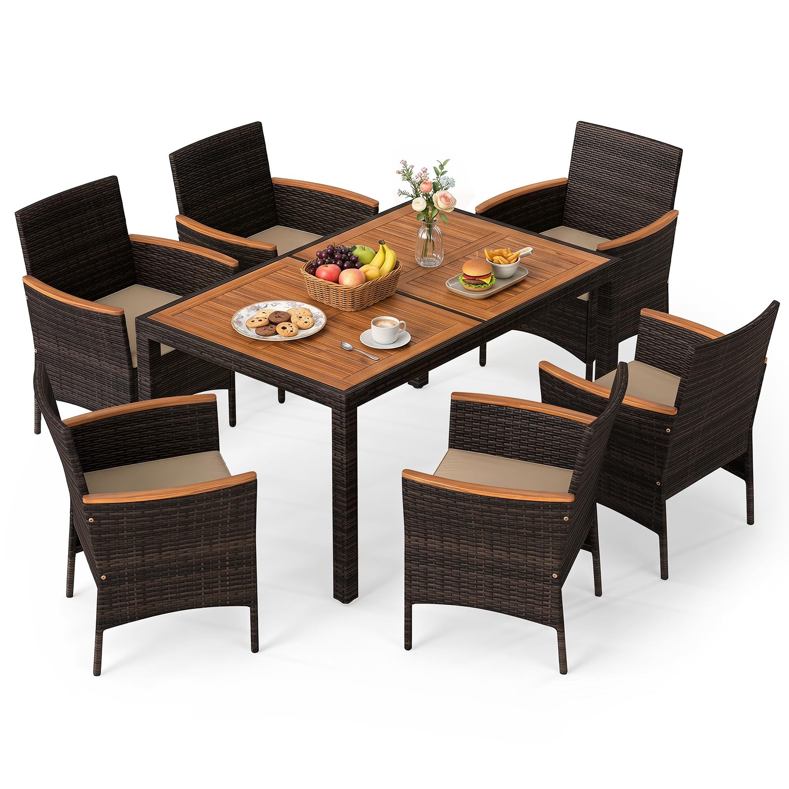 Tangkula Patio Furniture Set with Acacia Wood Table and 6 Stackable Chairs