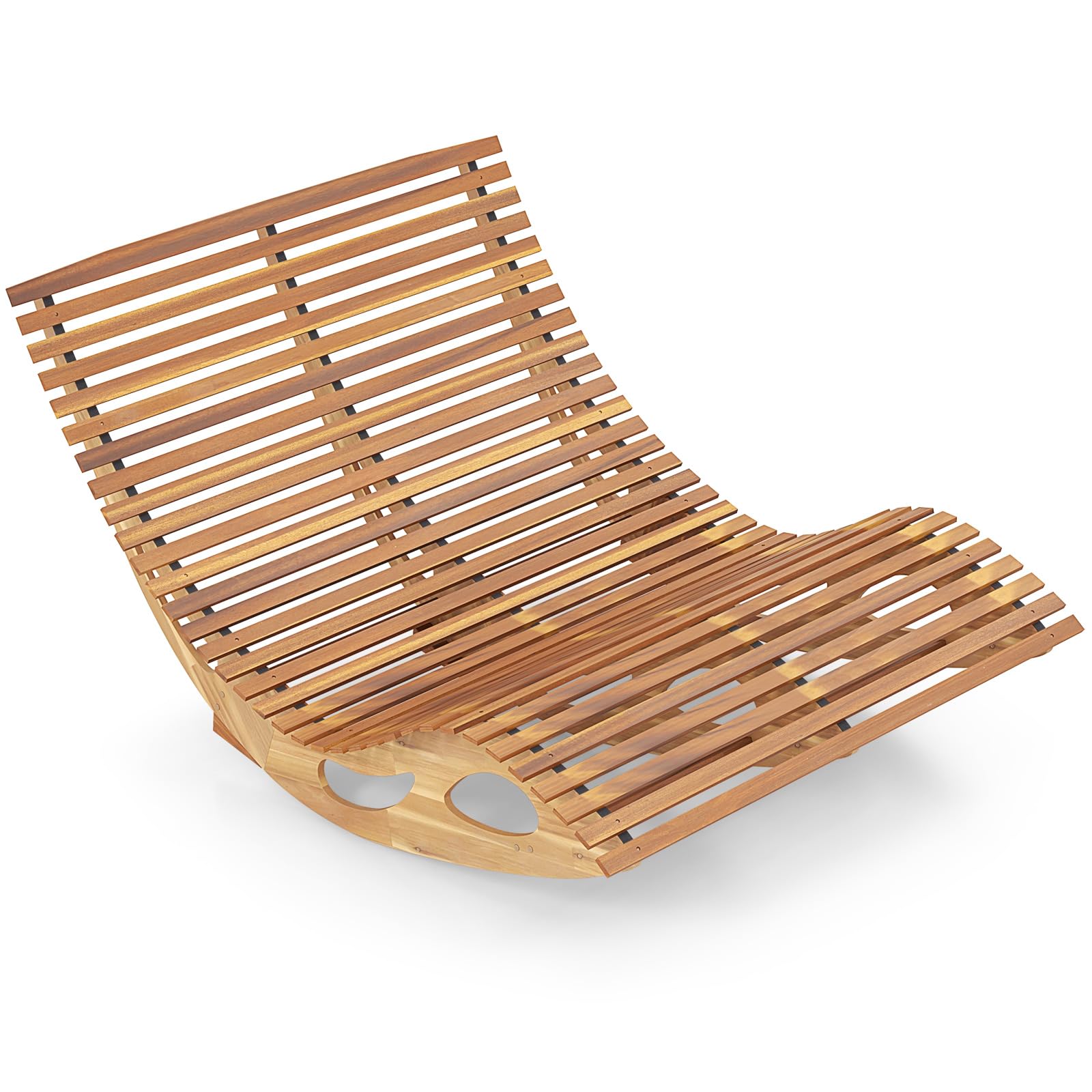 Tangkula Outdoor Double Chaise Lounge Chair, Acacia Wood Rocking Sunbed with Slatted Backrest and Seat