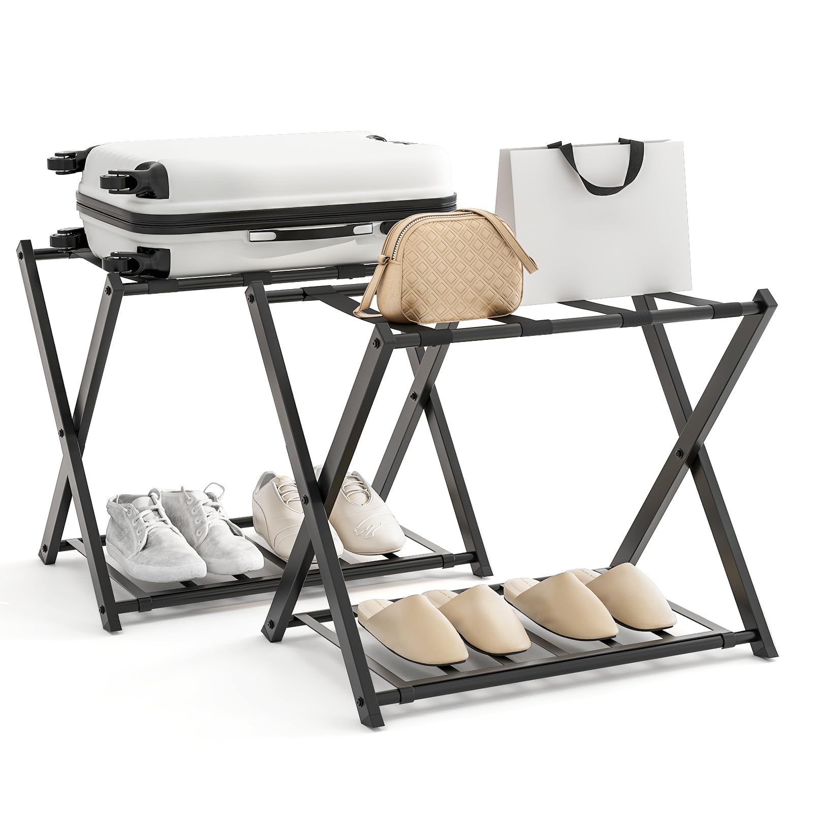 Tangkula Folding Luggage Rack Set of 2/4 with Storage Shelf