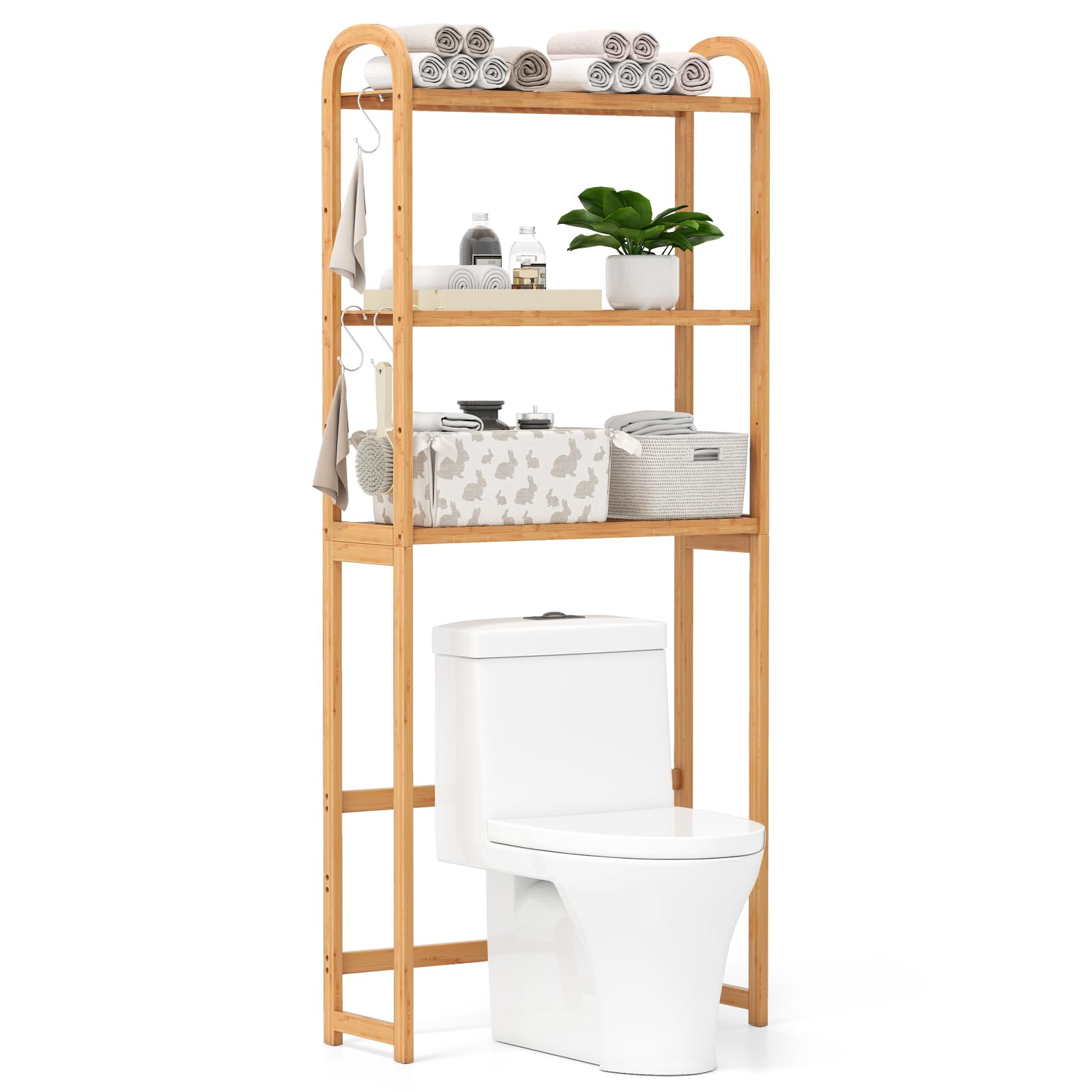Tangkula Over The Toilet Storage Cabinet 3-Tier Bamboo Toilet Rack with 5-Position Shelves