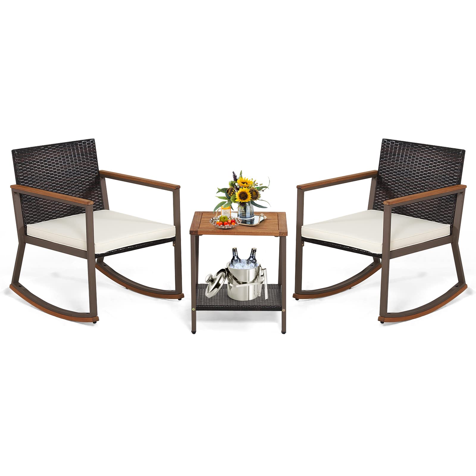 Tangkula 3 Pieces Rocking Bistro Set, Outdoor Rocker Chair with Coffee Table & Cushions