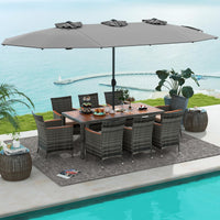 Tangkula 10 Piece Patio Rattan Dining Set with 15Ft Double-Sided Umbrella, Outdoor Acacia Wood Table and Wicker Chairs Set