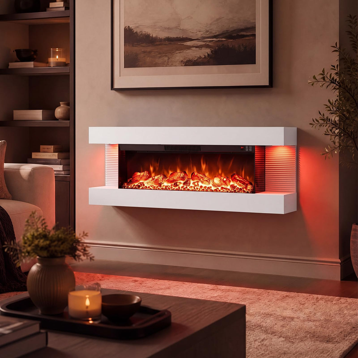 Tangkula 18"/26"/36"/46" 3-Sided WiFi Electric Fireplace with 32"/40"/50"/60" Floating Mantel