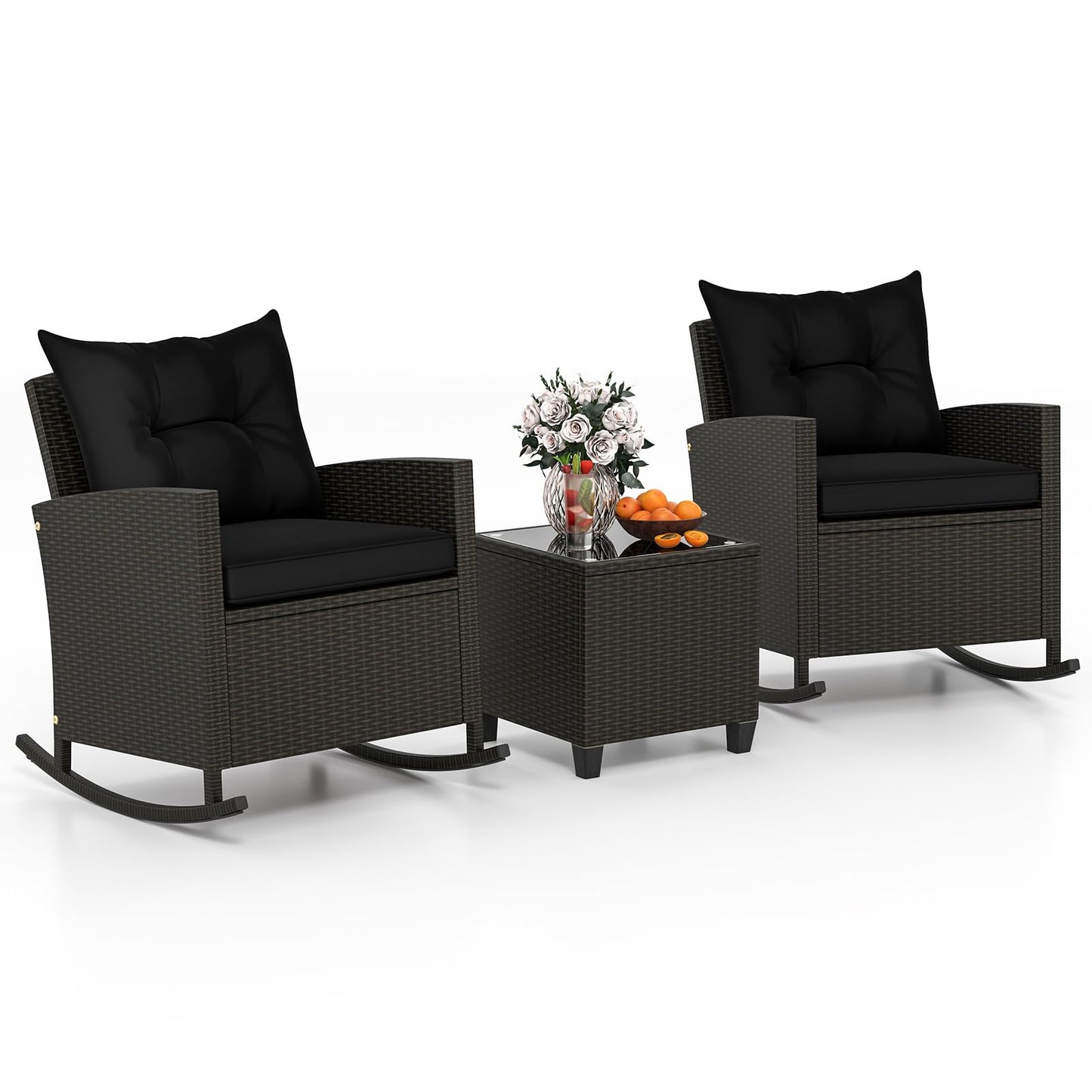 Tangkula 3 Piece Wicker Rocking Set, Patio Rattan Roker Chairs with Tempered Glass Table & Soft Cushions