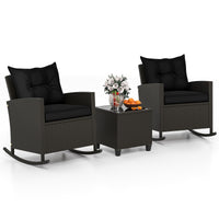 Tangkula 3 Piece Wicker Rocking Set, Patio Rattan Roker Chairs with Tempered Glass Table & Soft Cushions