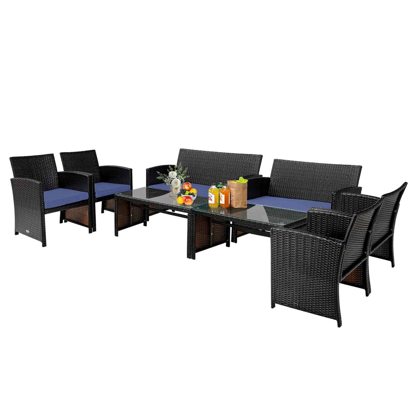 Tangkula 4 Pieces Rattan Furniture Set, Outdoor Conversation Set w/Chair & Loveseat & Tempered Glass Coffee Table