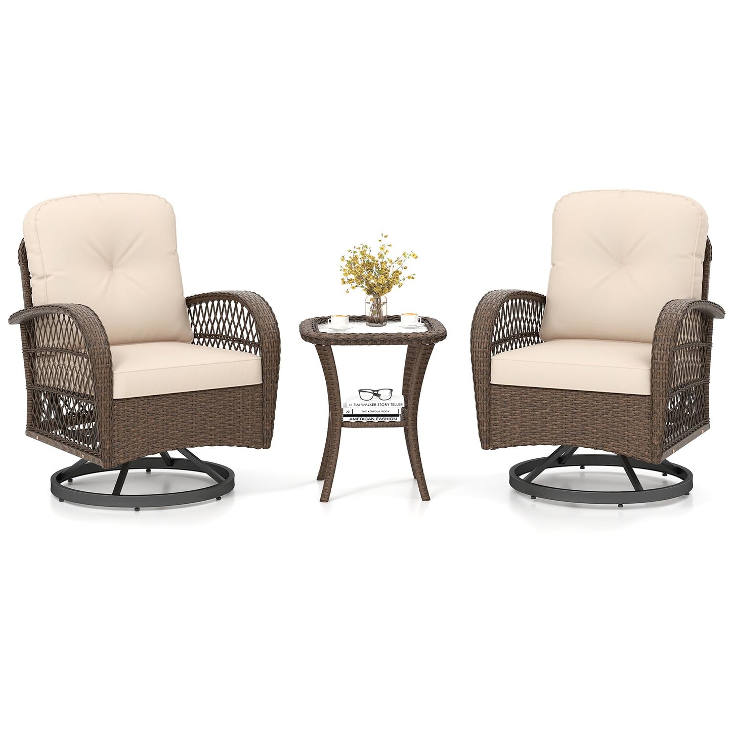 Tangkula 3 Piece Patio Swivel Rocker Set 2 Outdoor Wicker Rocking Chairs