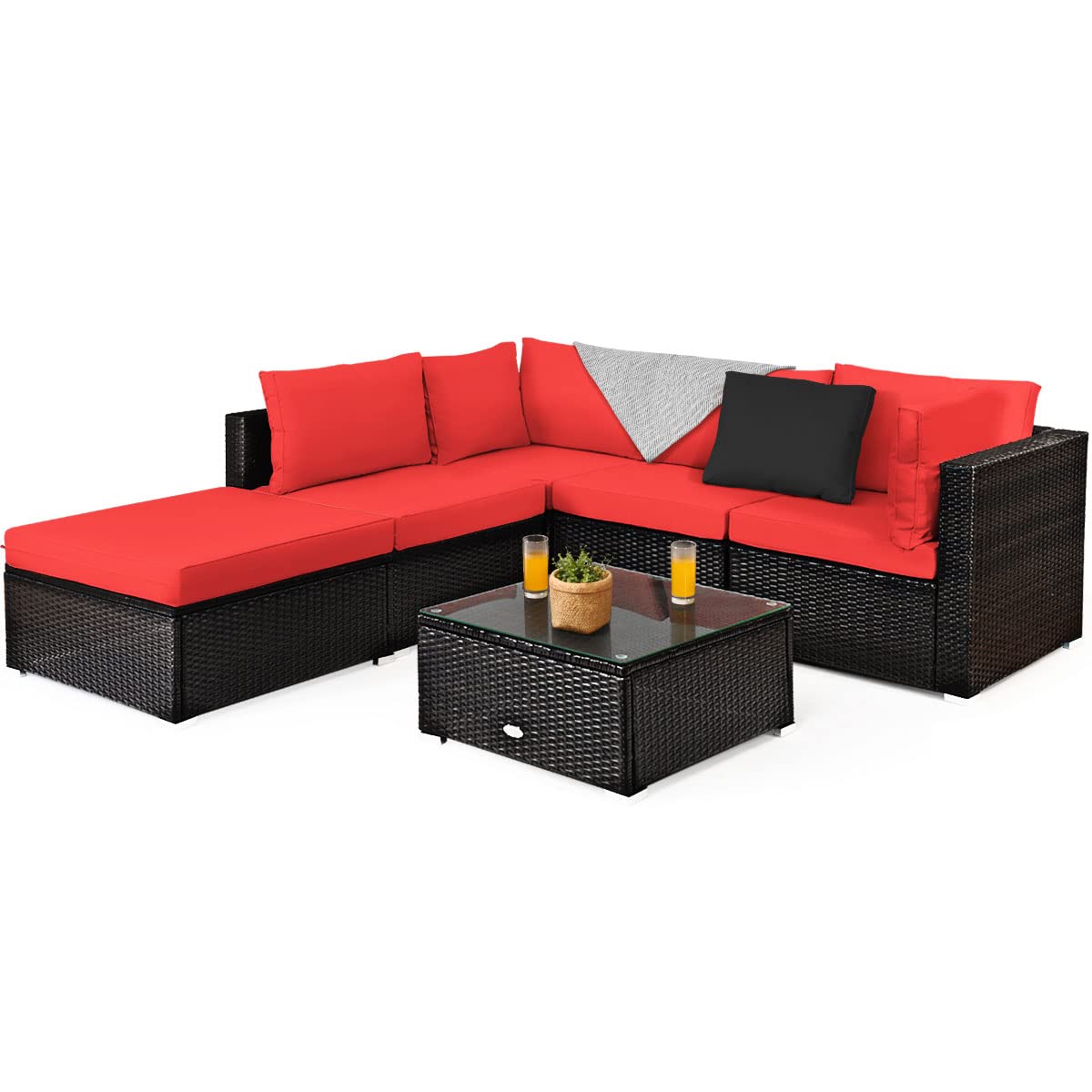 Tangkula 6 Piece Patio Furniture Set,Durable Steel Frame PE Rattan Wicker Sectional Sofa Set