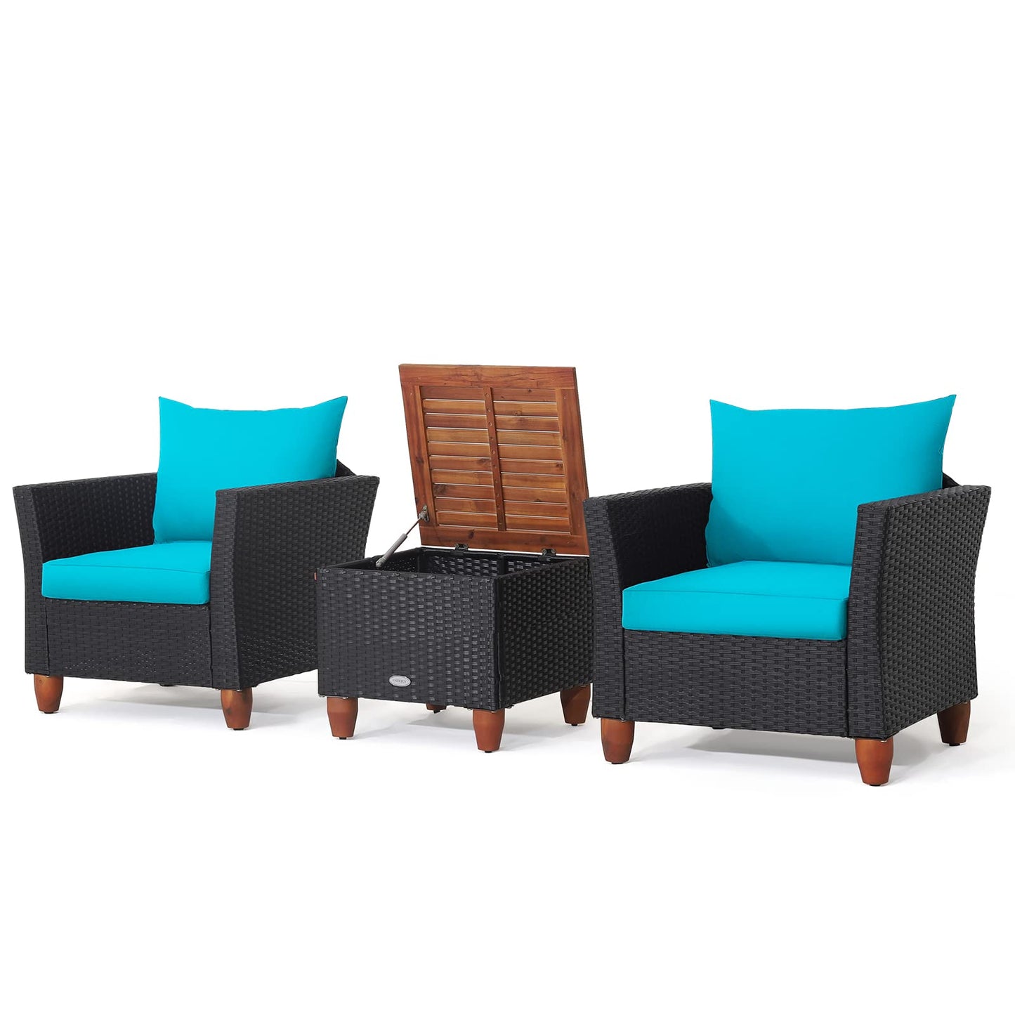 Tangkula 3 Pieces Patio Porch Furniture Set, PE Rattan Wicker Chair Conversation Set with Cushions and Storage Table