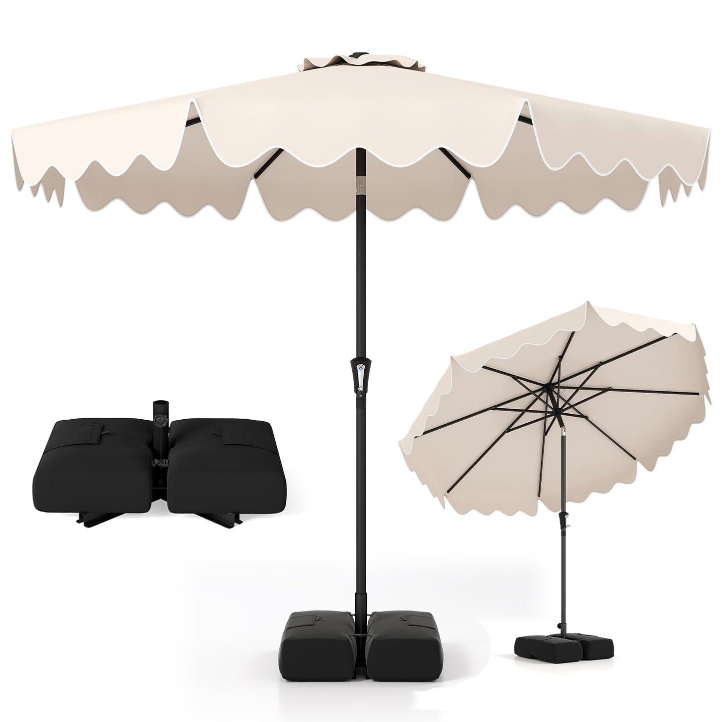 Tangkula 9 FT 2-Tiers Outdoor Scalloped Table Umbrella with Base Included