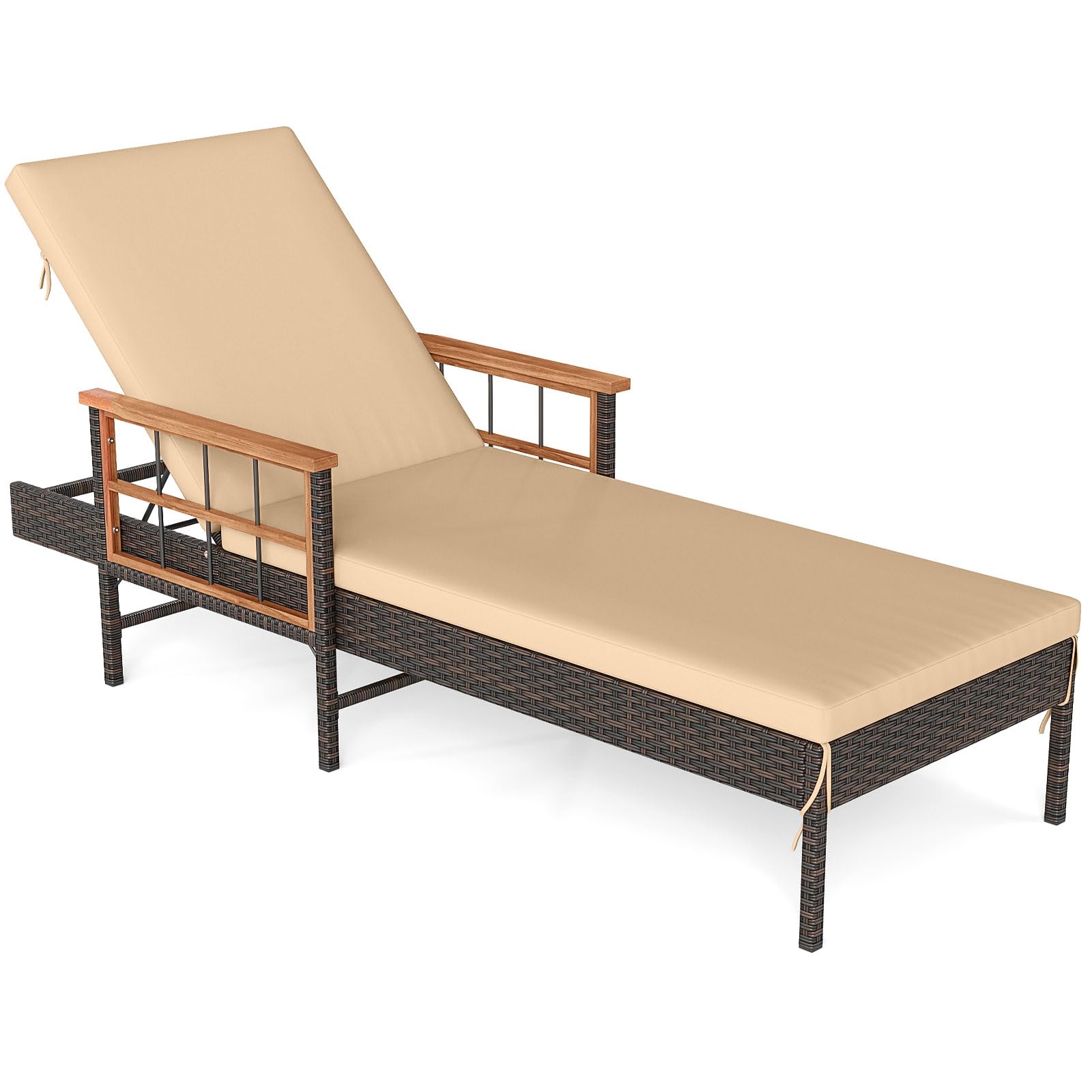 Tangkula Patio Rattan Chaise Lounge with 4-Level Adjustable Backrest & Acacia Wood Armrests