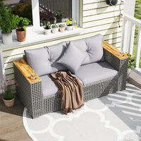 Tangkula 62.5" Large Patio Wicker Loveseat with Acacia Wood Armrests & Cup Holders
