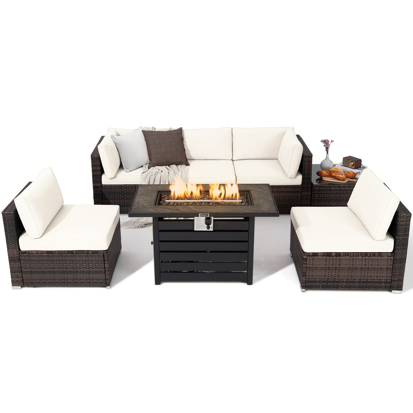 Tangkula 7 Piece Outdoor Patio Furniture Set with 42" Propane Fire Pit Table