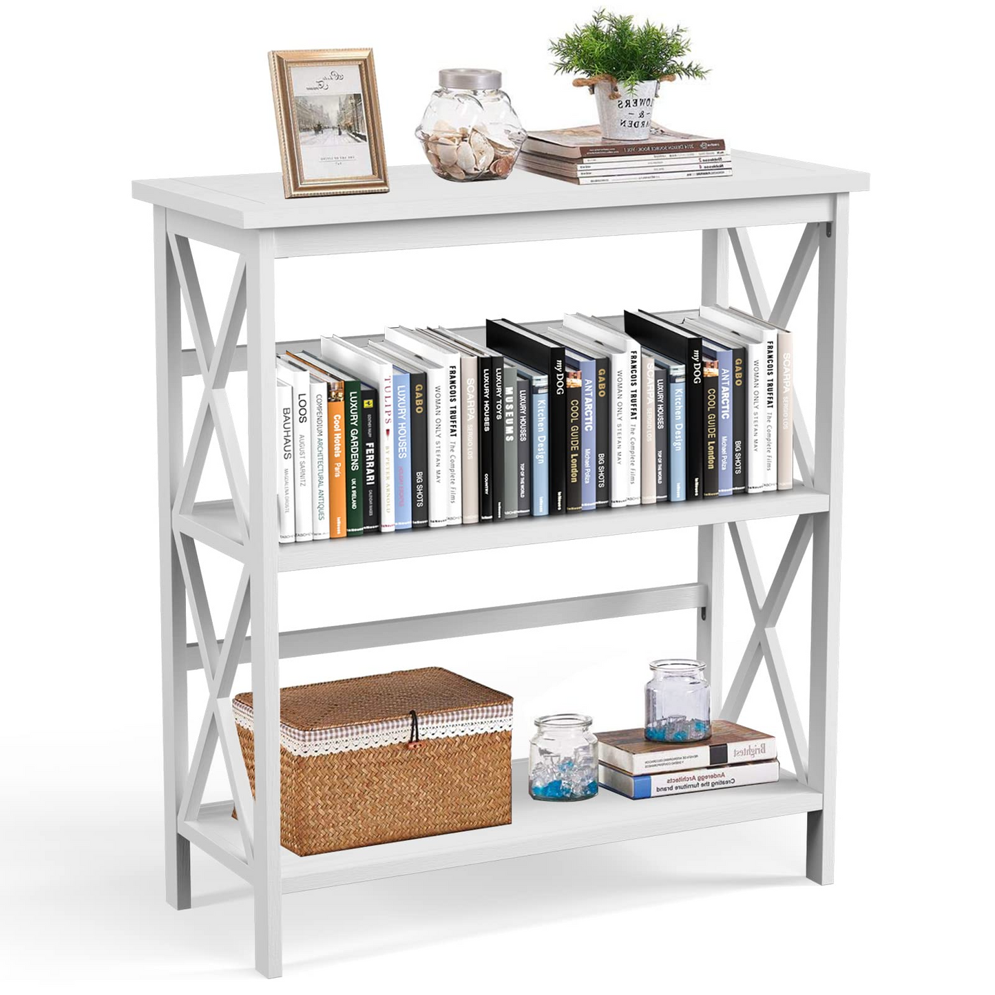 Tangkula 3-Tier Bookcase and Bookshelf, Wooden Open Shelf Bookcase, X-Design Etagere Bookshelf for Home Living Room Office