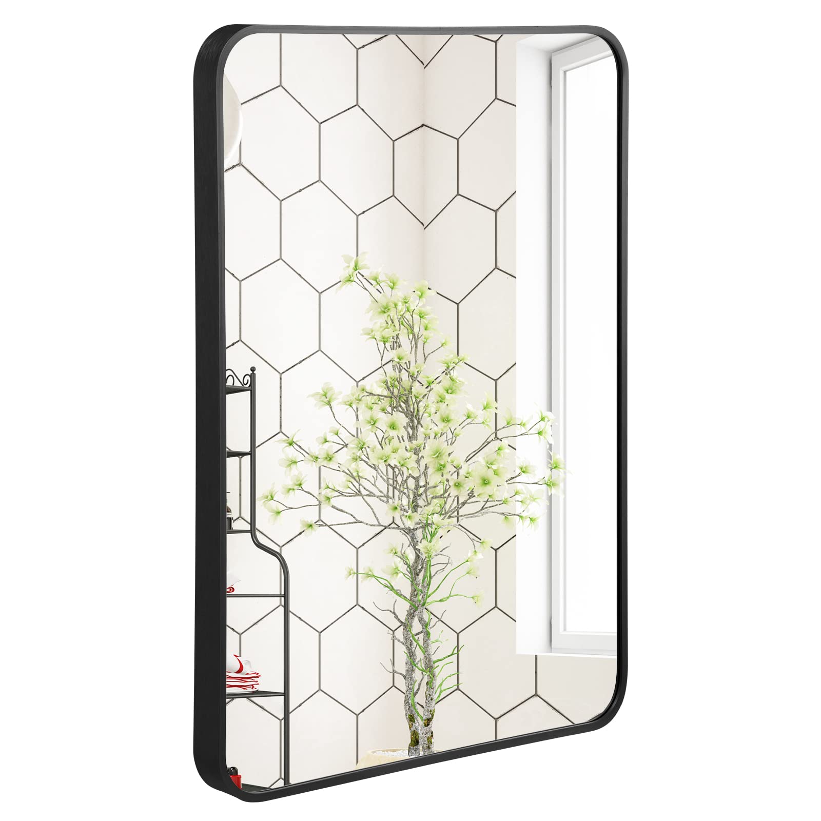 Miroir mural Tangkula 30 x 22 pouces pour salle de bain, cadre en alliage d'aluminium mat à coins arrondis