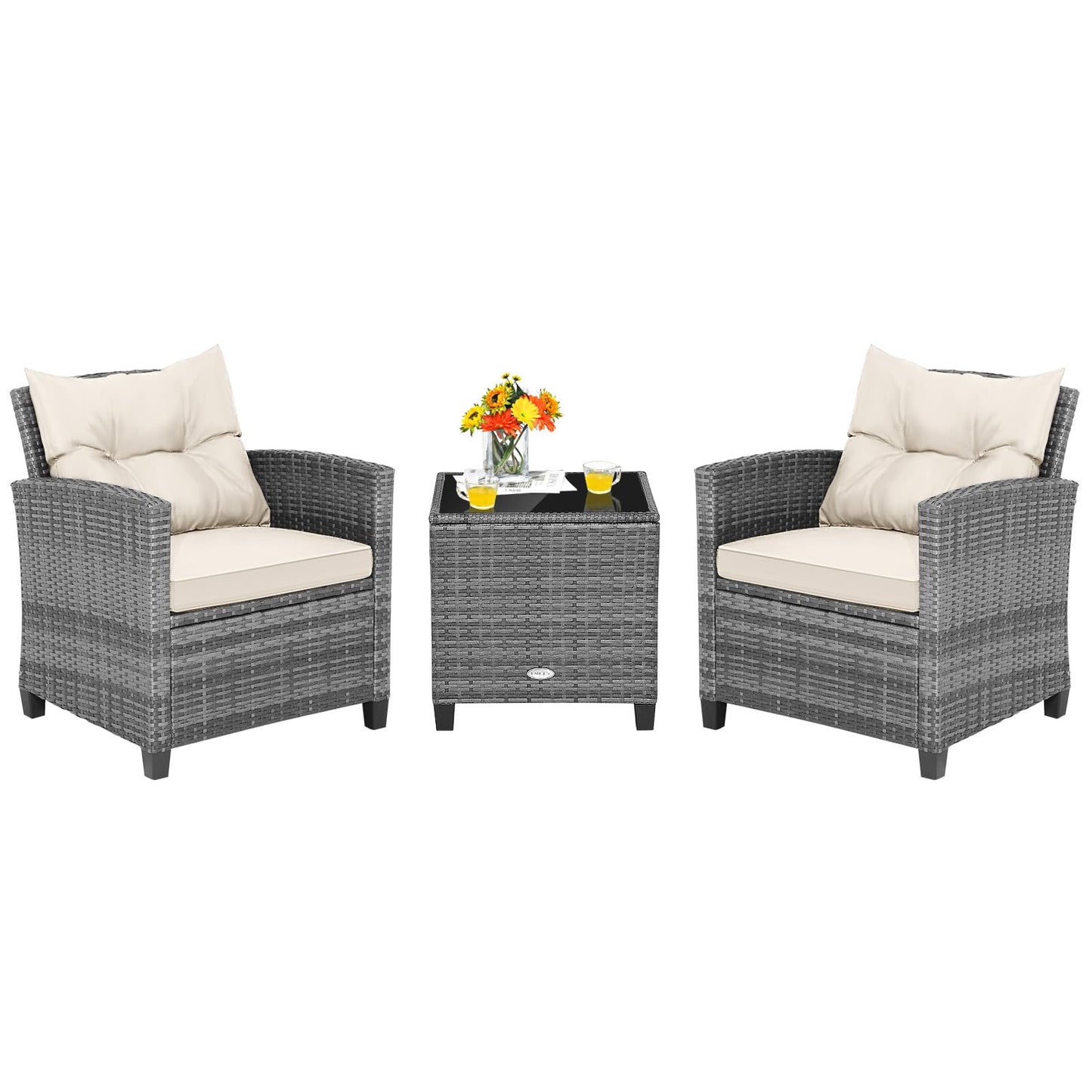 Tangkula PE Rattan Wicker 3 Pcs Outdoor Sofa Set w/Washable Cushion and Tempered Glass Tabletop