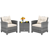 Tangkula PE Rattan Wicker 3 Pcs Outdoor Sofa Set w/Washable Cushion and Tempered Glass Tabletop