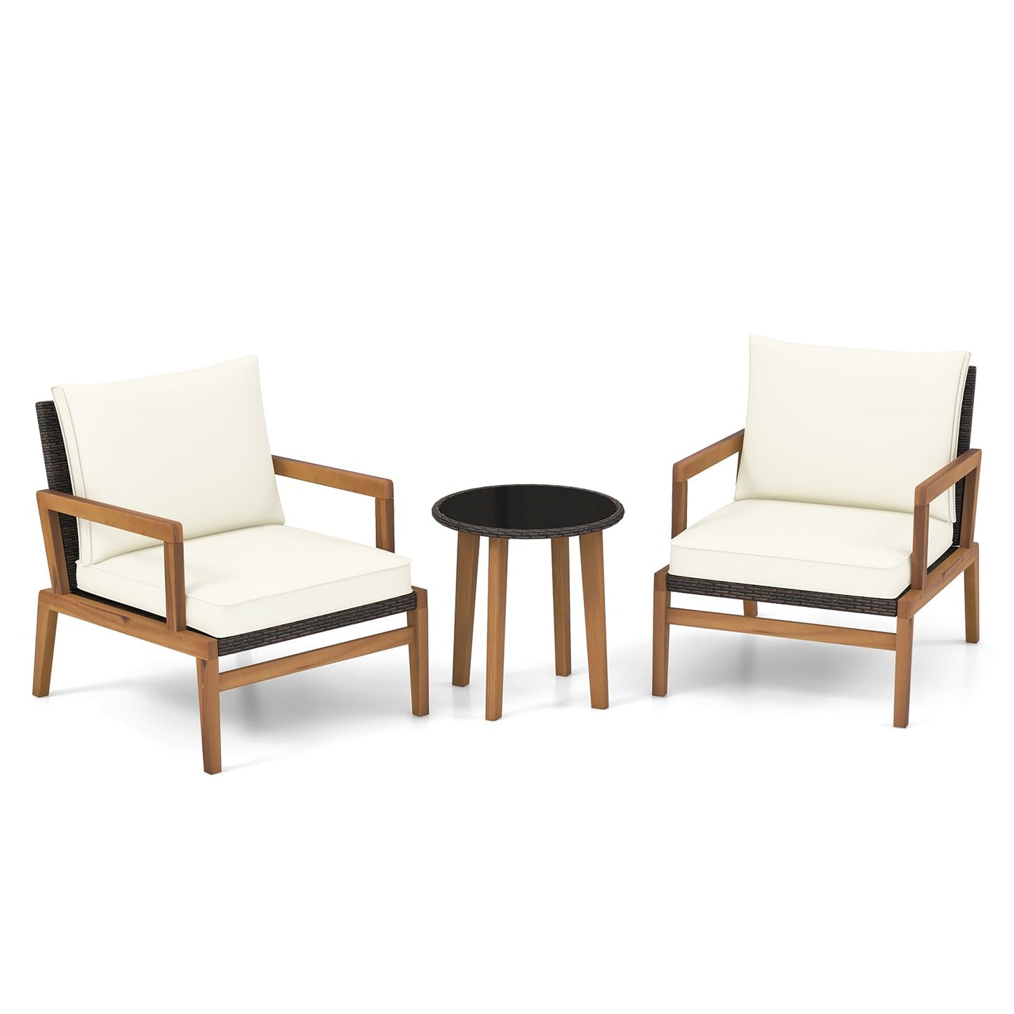 Tangkula 3 Piece Patio Chair Set, Wicker Chair & Side Table Set with Soft Cushions & Tempered Glass Tabletop