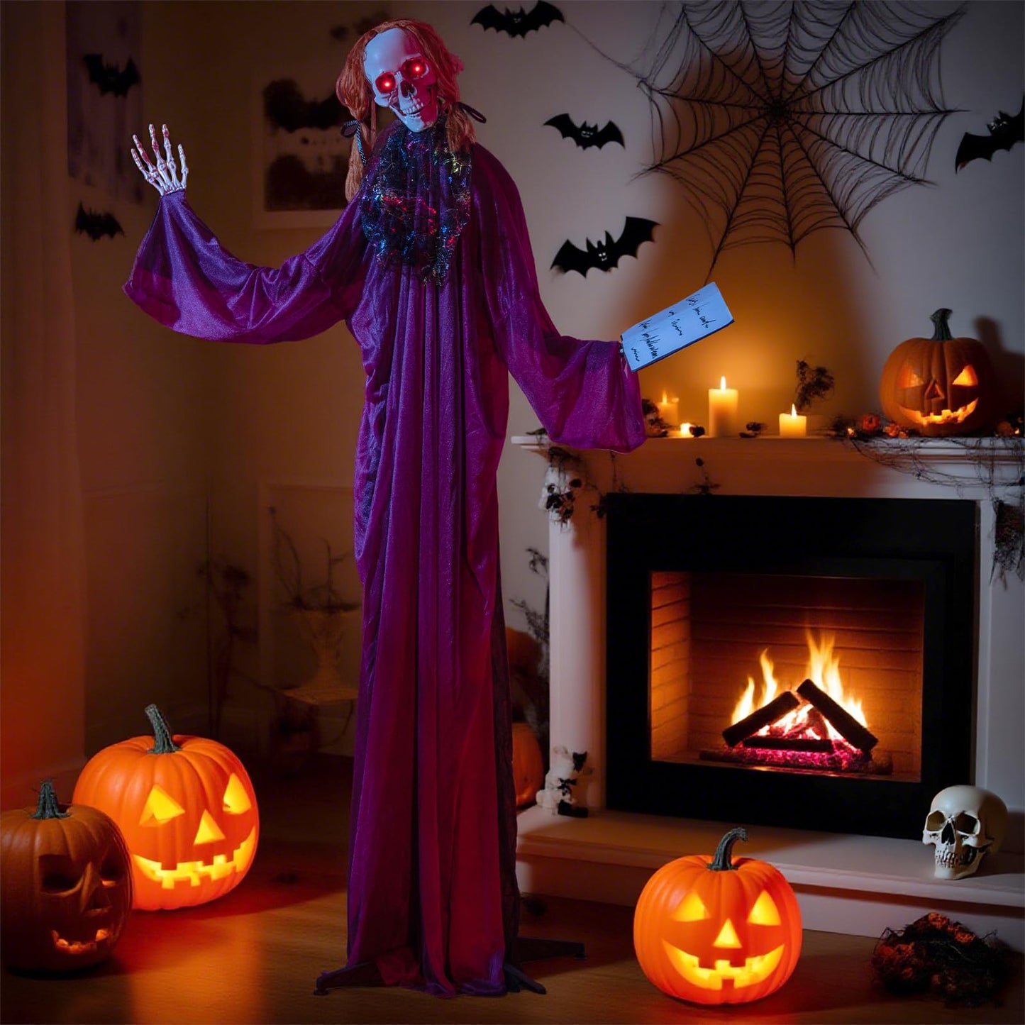 Tangkula 6 Feet Halloween Animatronic Standing Girl Holding Book with Sound