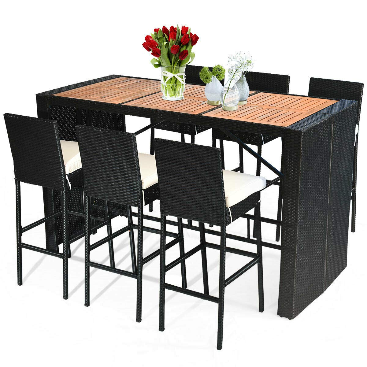 Tangkula 7 PCS Outdoor Wicker Furniture with Acacia Wood Bar Table Top and Removable Cushion