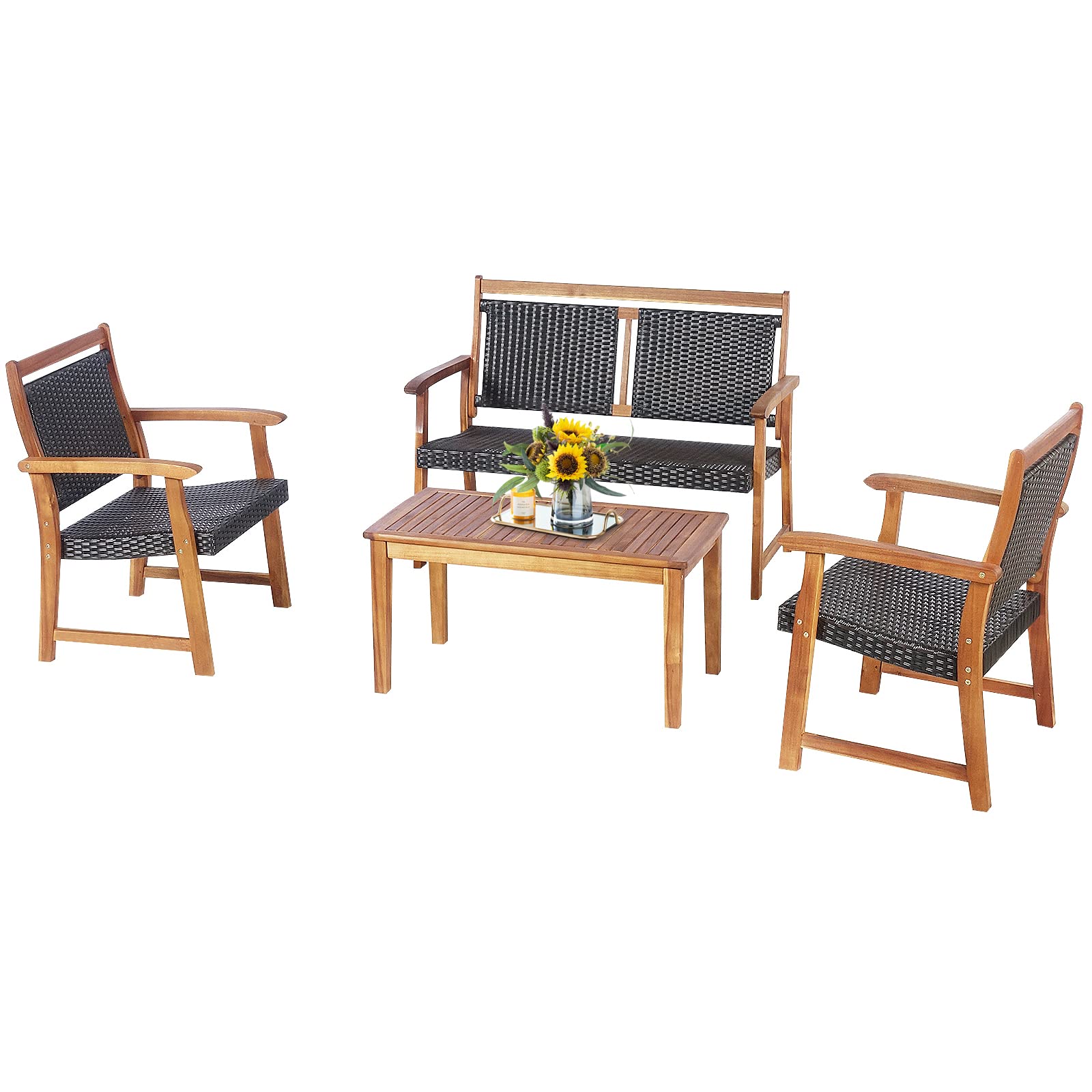 Tangkula 4 Pieces Patio Rattan Conversation Set with Acacia Wood Frame, Patiojoy Outdoor Furniture Set with Chairs & Coffee Table