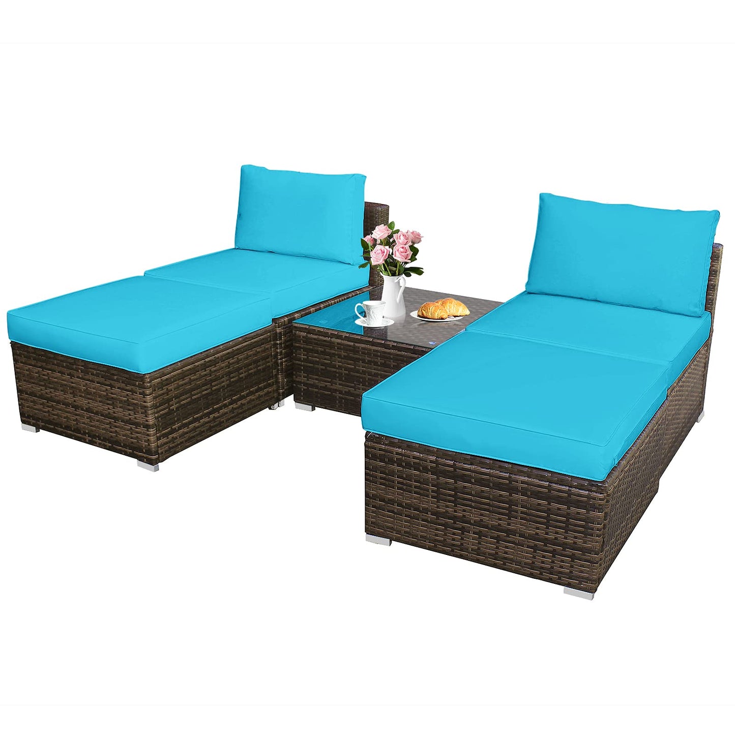 5 Piece Wicker Lounge Chair Set, with Tempered Glass Coffee Table