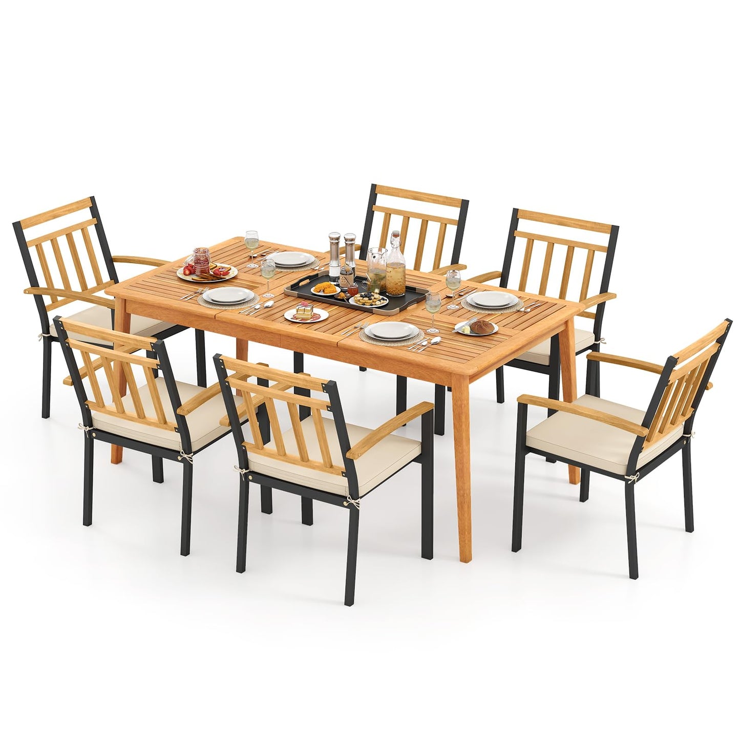 Tangkula Ensemble de 7 pièces de salle à manger d'extérieur en bois avec trou pour parasol