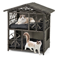 Niche pour chat Tangkula à 2 étages en osier, enclos pour chaton en rotin avec coussins amovibles