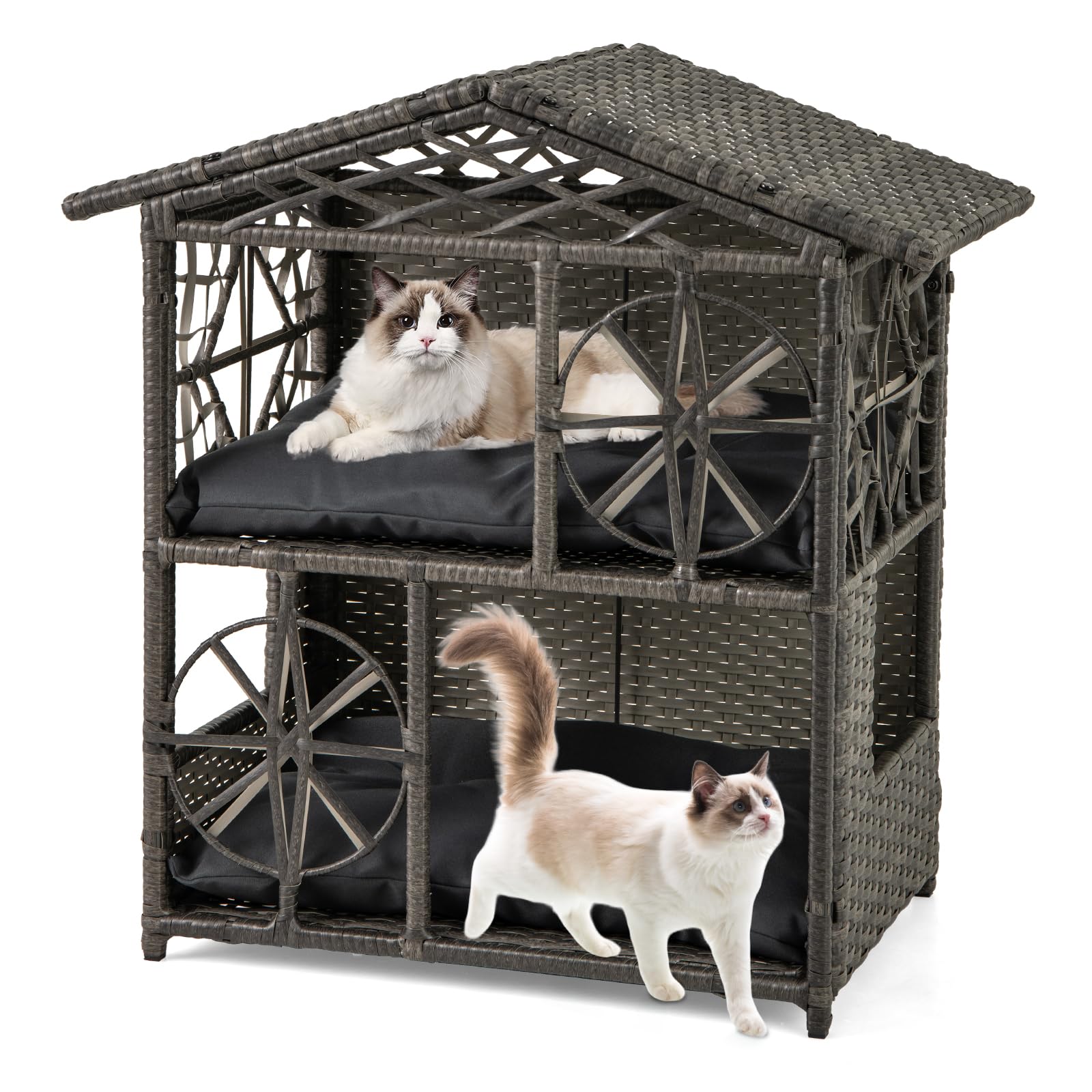 Tangkula 2-storey Wicker Cat House Rattan Kitten Condo Enclosure with Removable Cushions