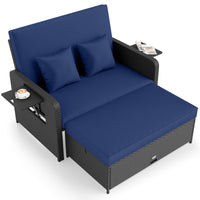 Tangkula Patio Rattan Daybed with 4-Level Adjustable Backrest Storage Ottoman & Folding Side Tray