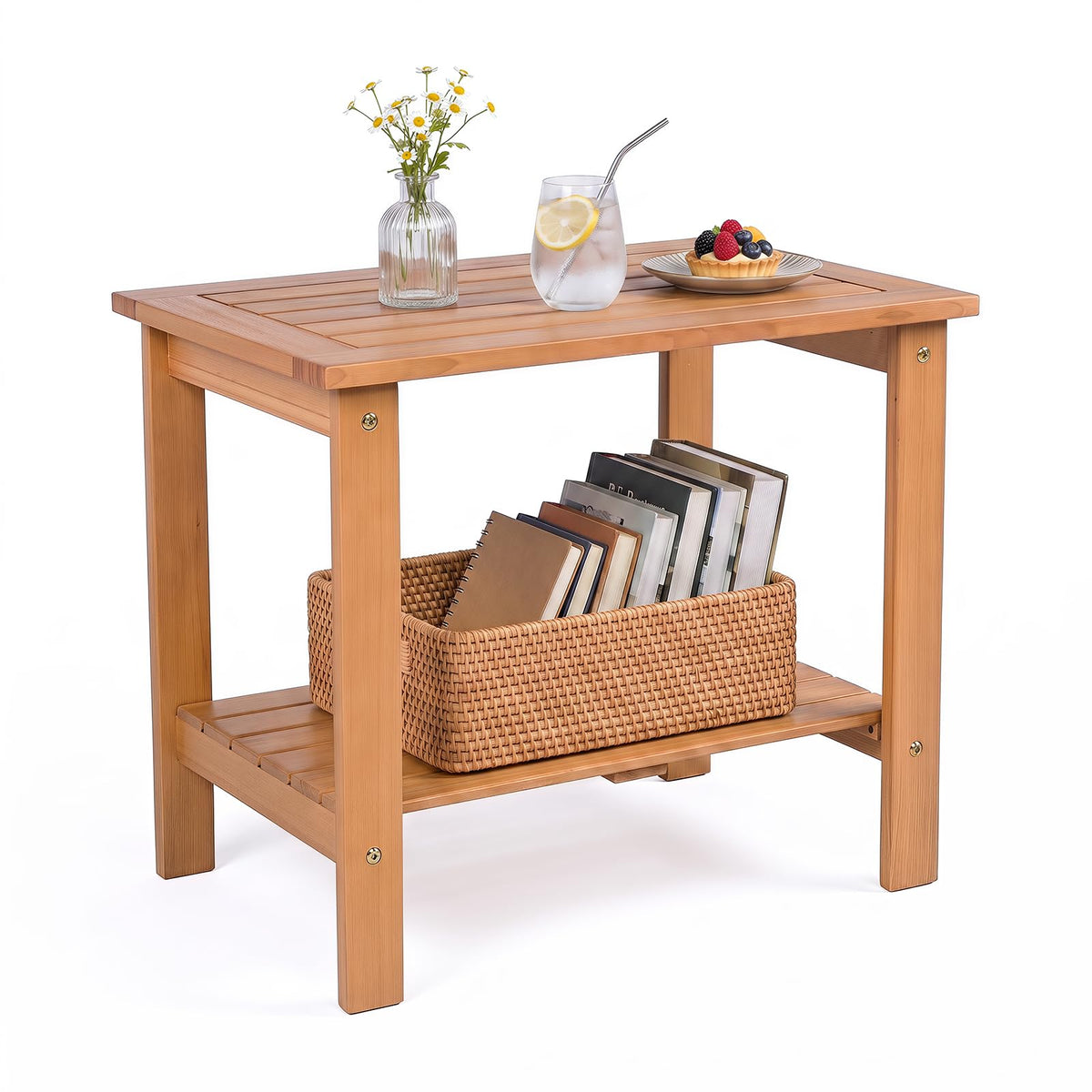 Tangkula Outdoor 2-Tier Eucalyptus Wood Side Table ( Rectangular,1/2)