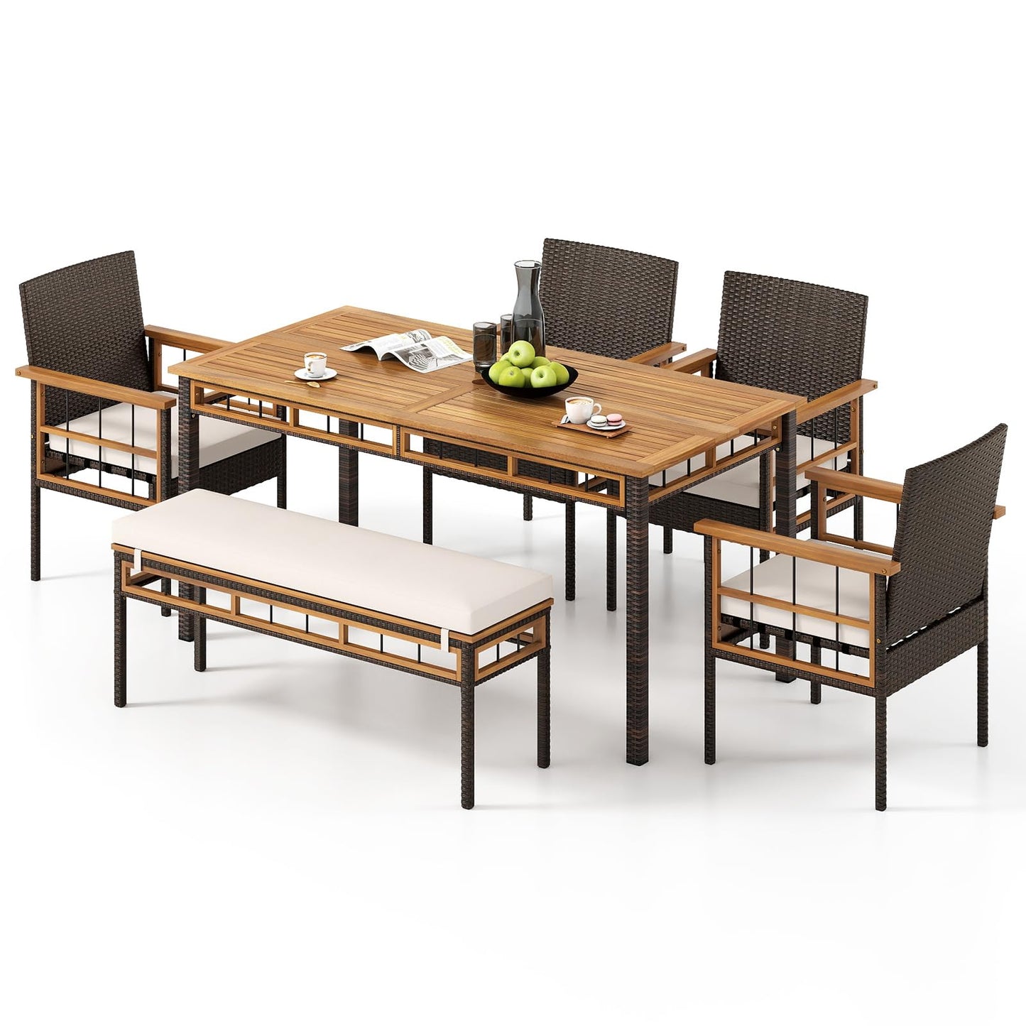 Tangkula Ensemble de 6 meubles de salle à manger d'extérieur avec trou pour parasol de 5 cm, banc sans dossier rembourré et 4 fauteuils