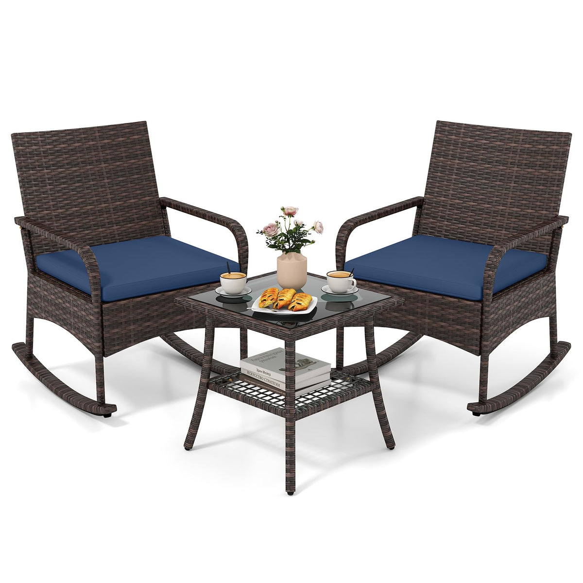 Tangkula 3-Piece Outdoor Wicker Rocking Bistro Set with 2-Tier Coffee Table