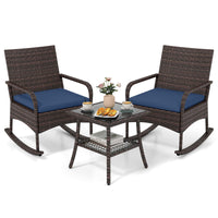 Tangkula 3-Piece Outdoor Wicker Rocking Bistro Set with 2-Tier Coffee Table