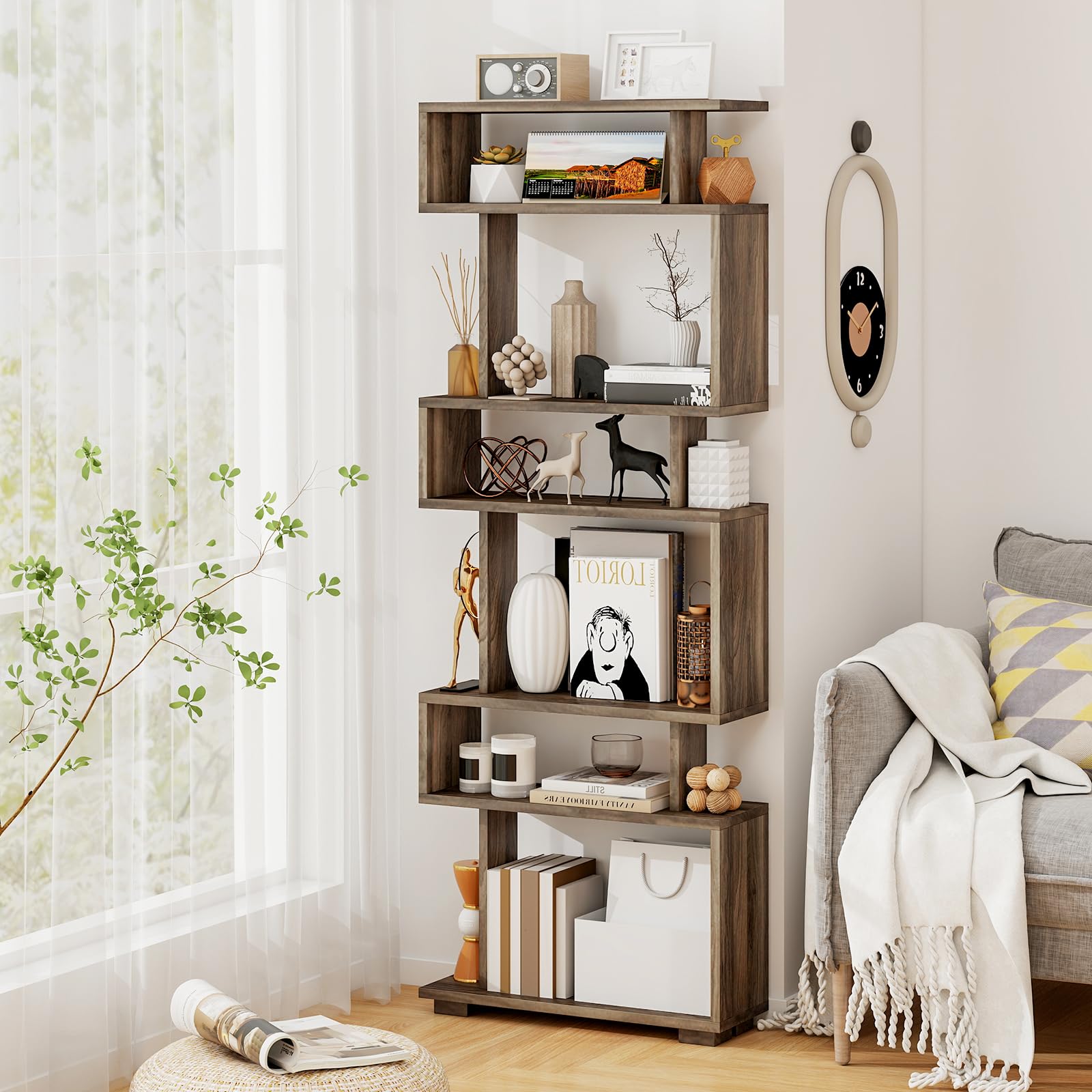 Tangkula 64" Tall 6-Tier S Shaped Bookcase with Anti-Tipping Kit