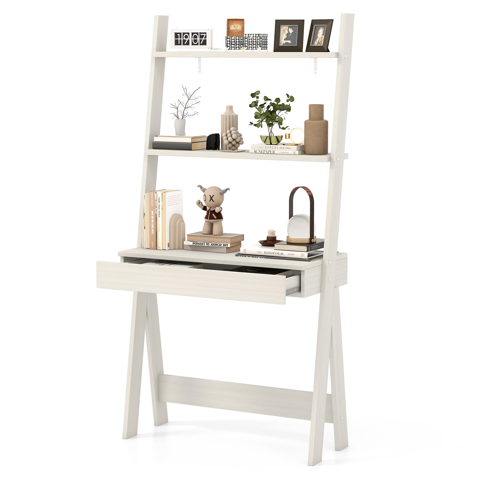Tangkula Ladder Desk with Countertop & Drawer, Freestanding 2-Tier Ladder Shelf Desk