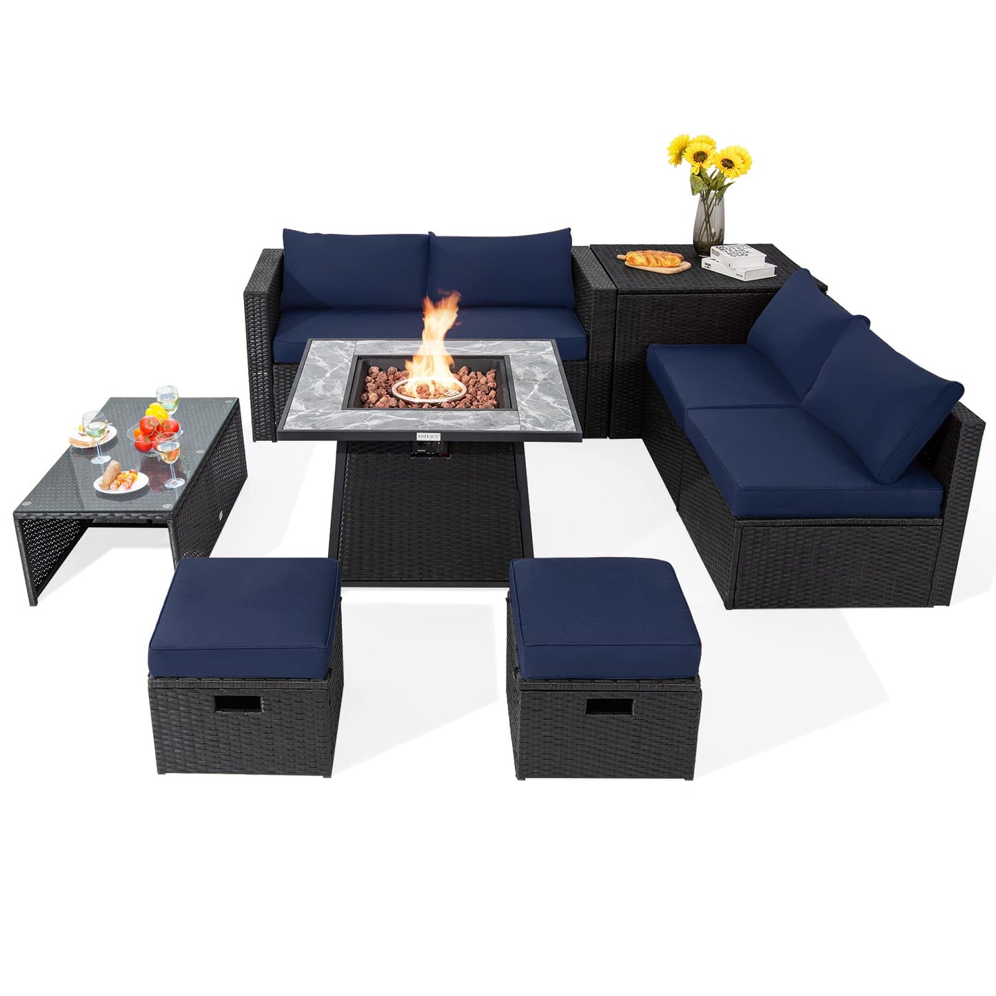 Tangkula 9 Pieces Outdoor PE Rattan Sectional Sofa with 35-Inch Gas Fire Pit Table