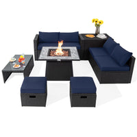 Tangkula 9 Pieces Outdoor PE Rattan Sectional Sofa with 35-Inch Gas Fire Pit Table
