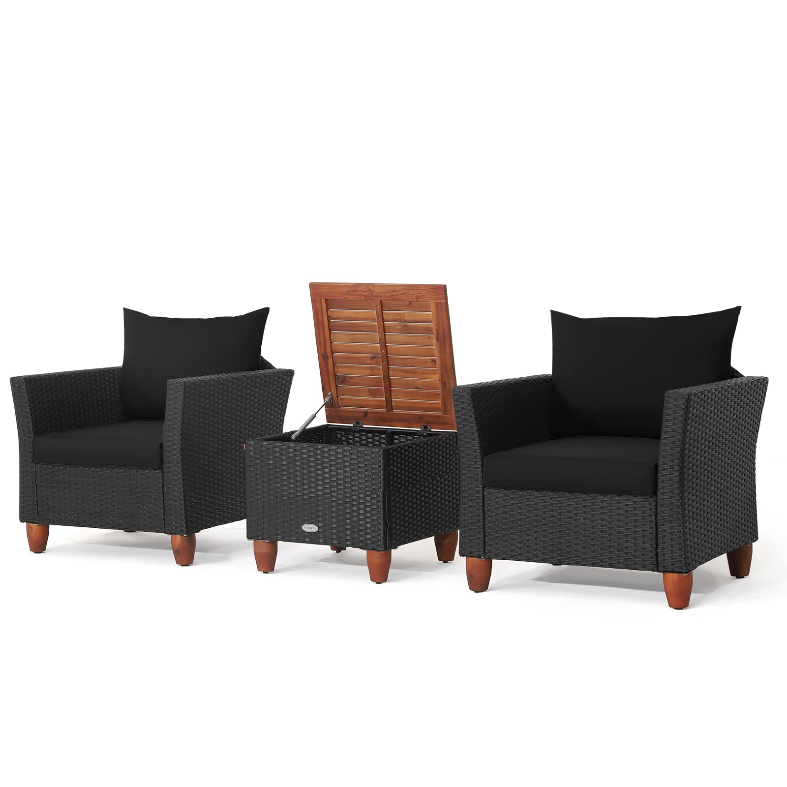 Tangkula 3 Pieces Patio Porch Furniture Set, PE Rattan Wicker Chair Conversation Set with Cushions and Storage Table