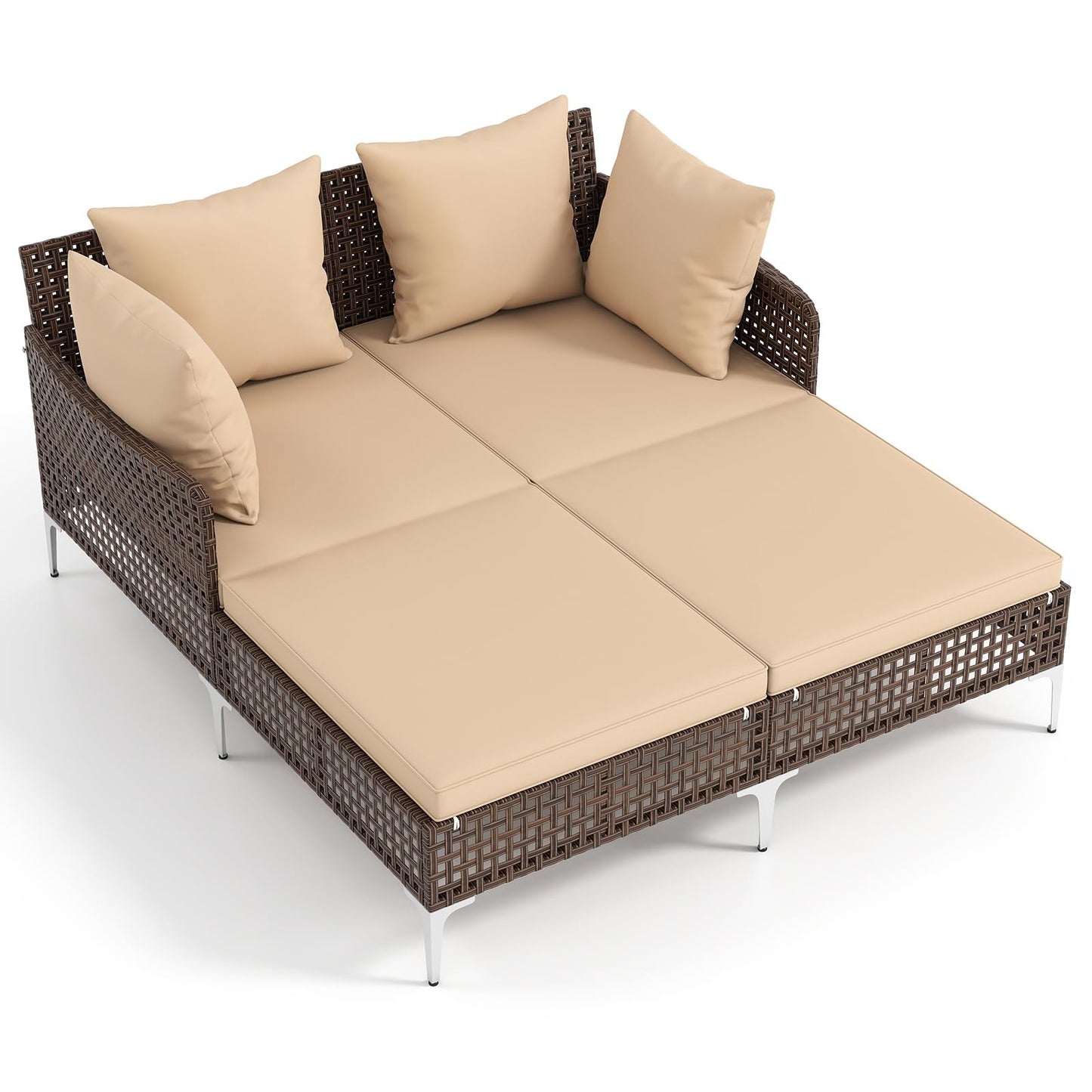 Tangkula Wicker Chaise Lounge for 2 with Seat & Back Cushions