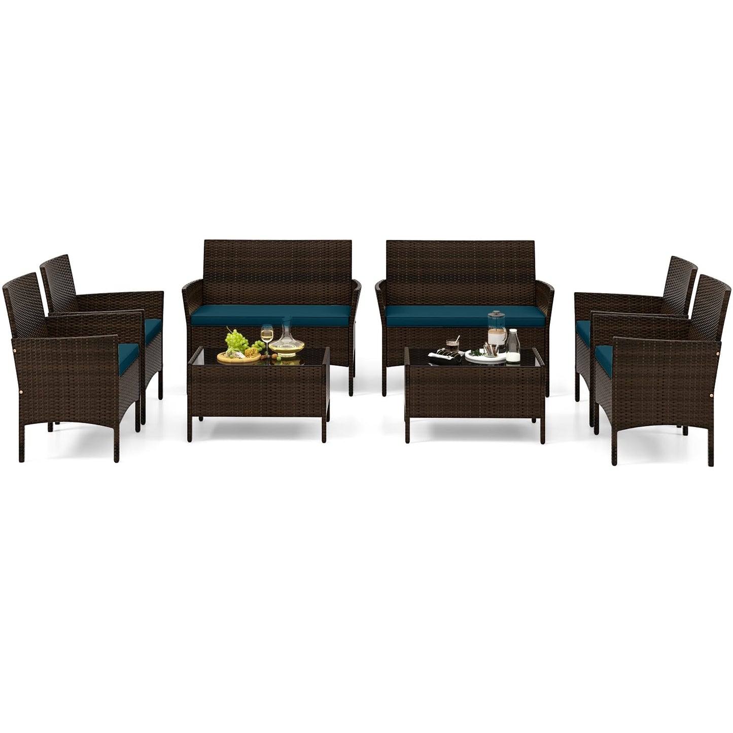 Tangkula 4/8 Piece Patio Rattan Conversation Set, Outdoor Wicker Furniture Set with Chair, Loveseat & Tempered Glass Table