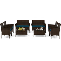 Tangkula 4/8 Piece Patio Rattan Conversation Set, Outdoor Wicker Furniture Set with Chair, Loveseat & Tempered Glass Table