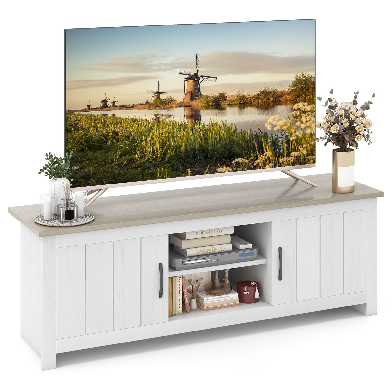2 Doors TV Stand for TVs up to 65", White Oak - Tangkula